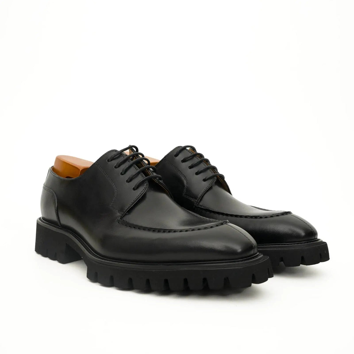 Black Apron-Toe Calf Leather Derby Shoes