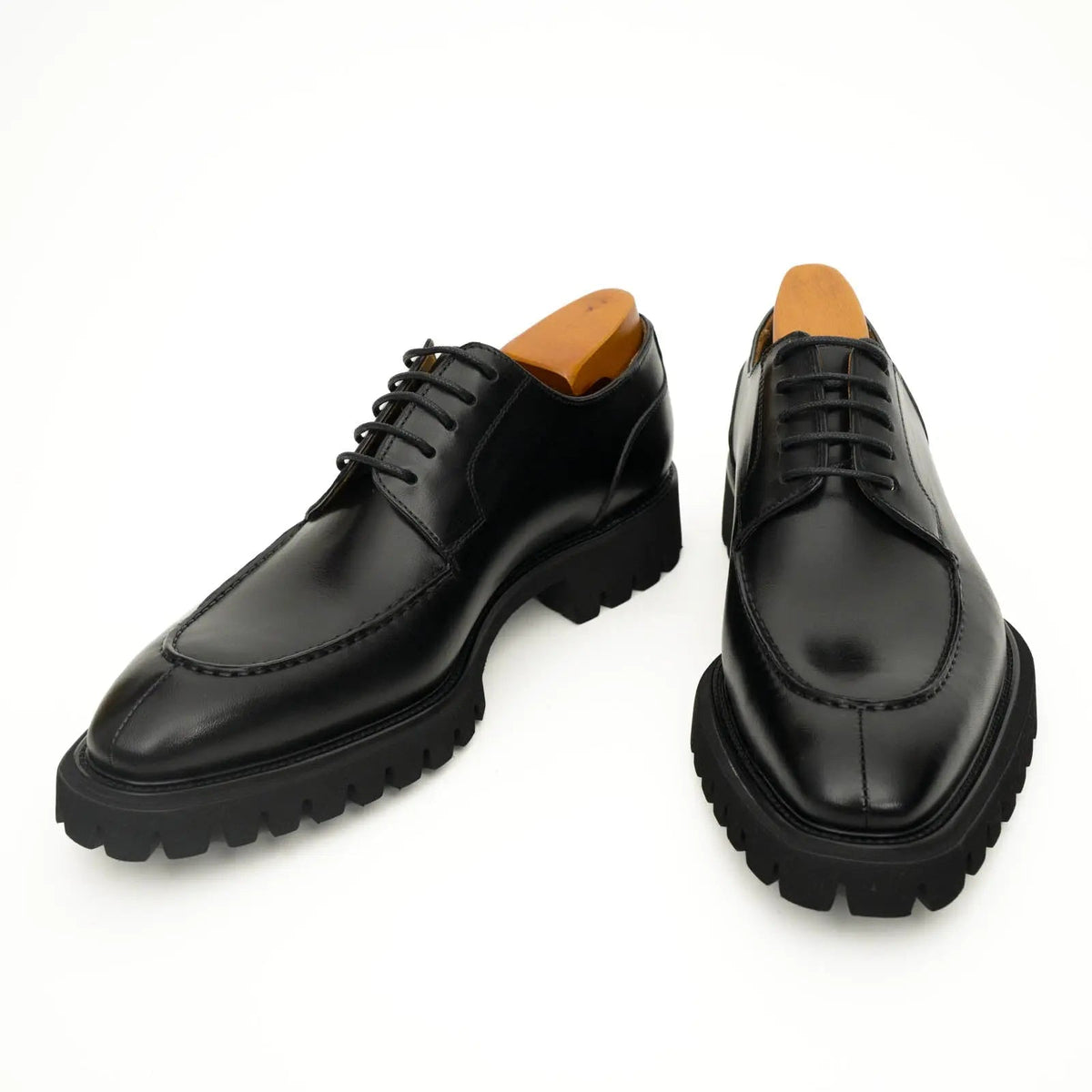 Black Apron-Toe Calf Leather Derby Shoes