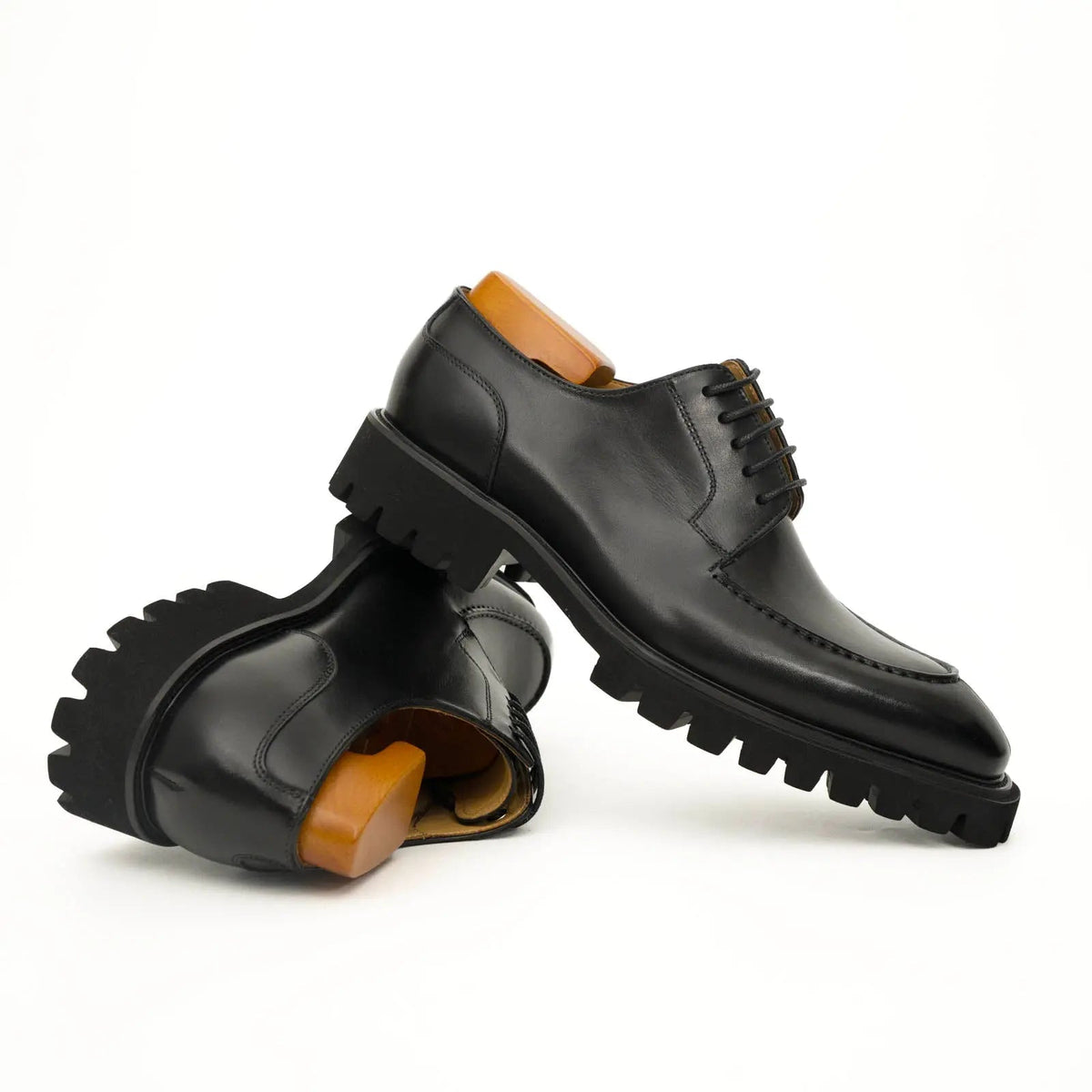 Black Apron-Toe Calf Leather Derby Shoes