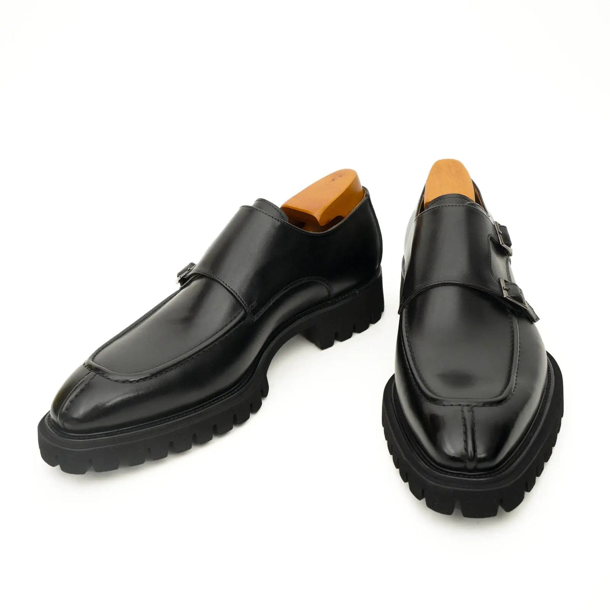 Black Calf Leather Double Monk Strap Shoes