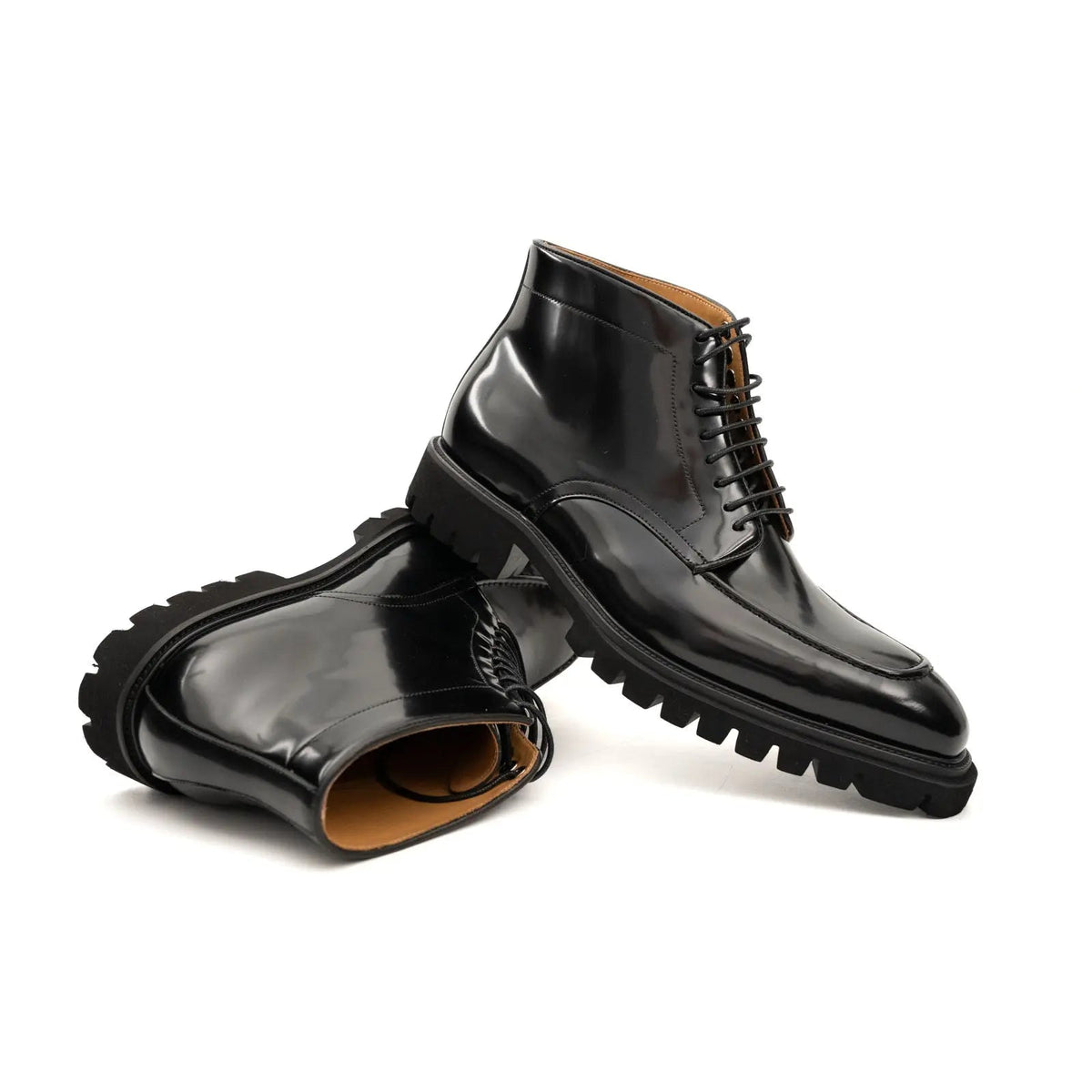 Black Apron-Toe Calf Leather Ankle Boots