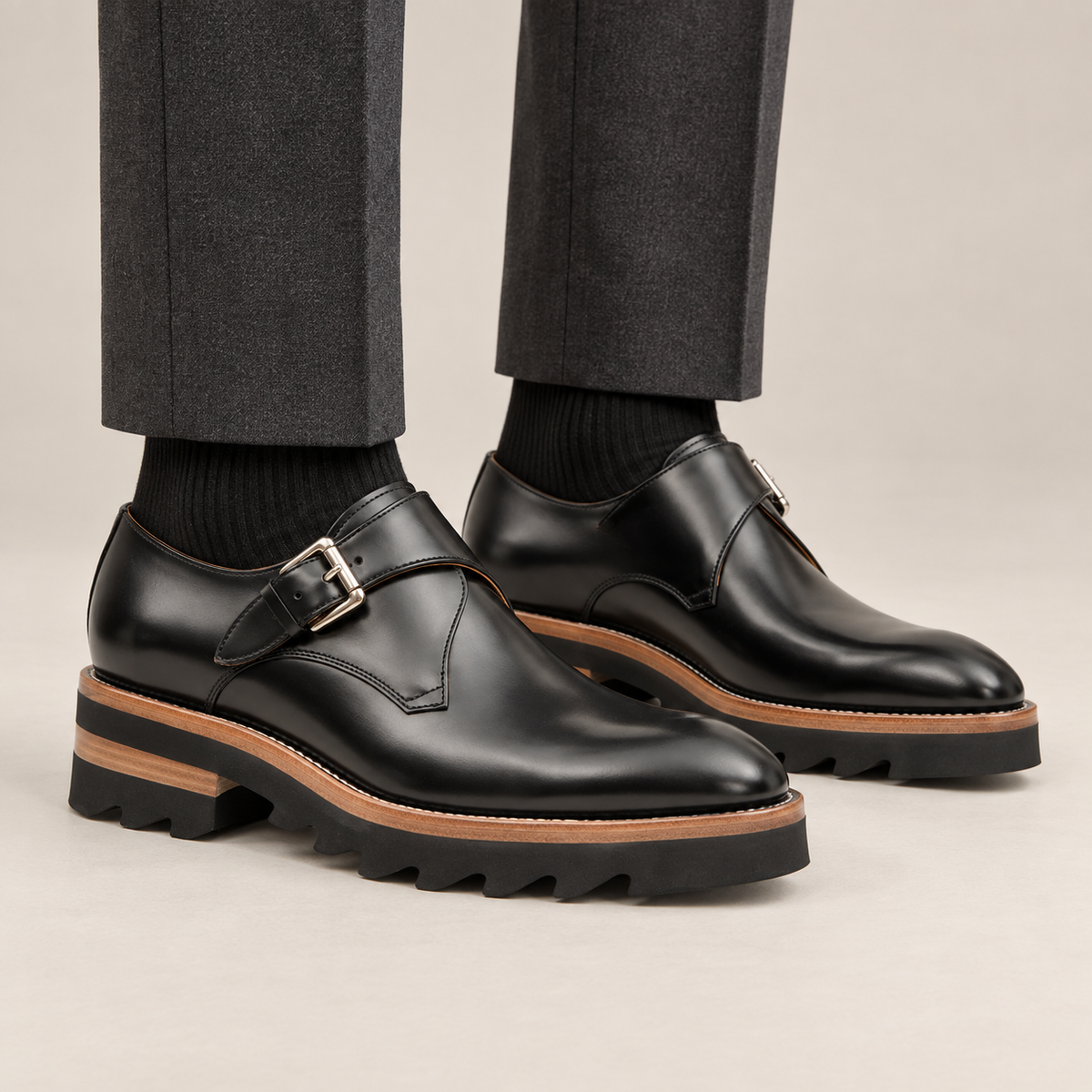 Black Plain-Toe Calf Leather Monk Shoes