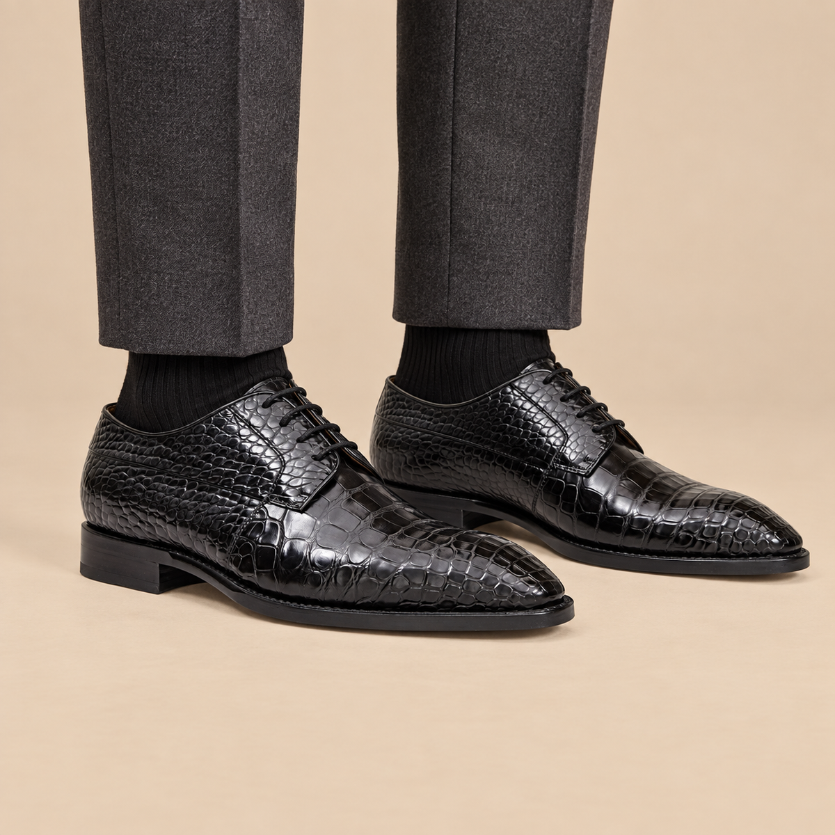 Black Plain-Toe Crocodile Leather Derby Shoes