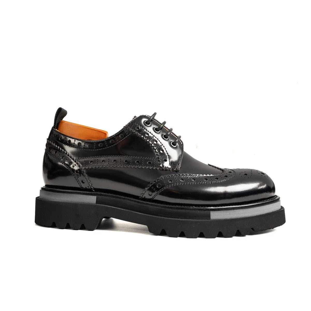 Black Wingtip Calf Leather Derby Shoes with Gray Sole Stripe