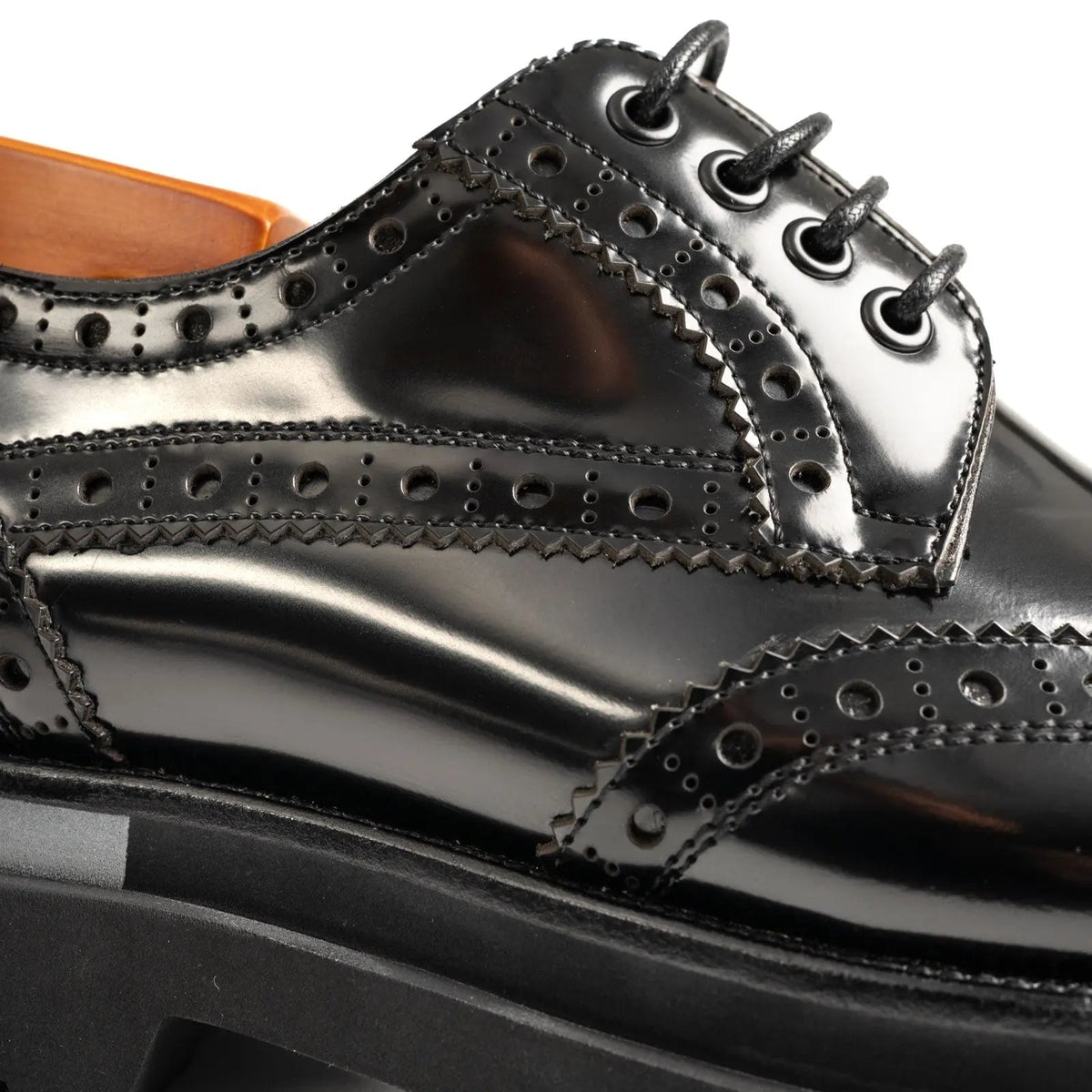 Black Wingtip Calf Leather Derby Shoes with Gray Sole Stripe