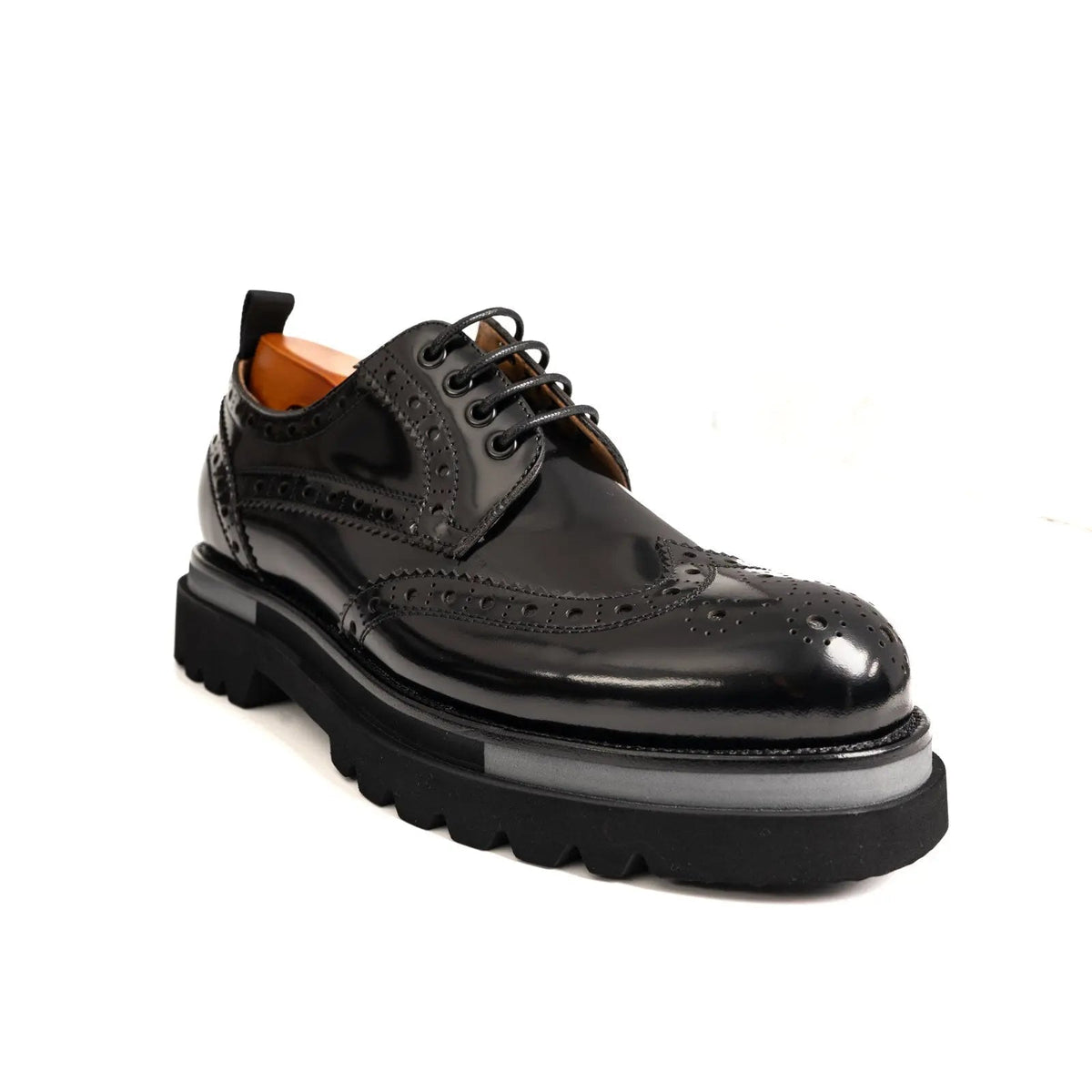 Black Wingtip Calf Leather Derby Shoes with Gray Sole Stripe