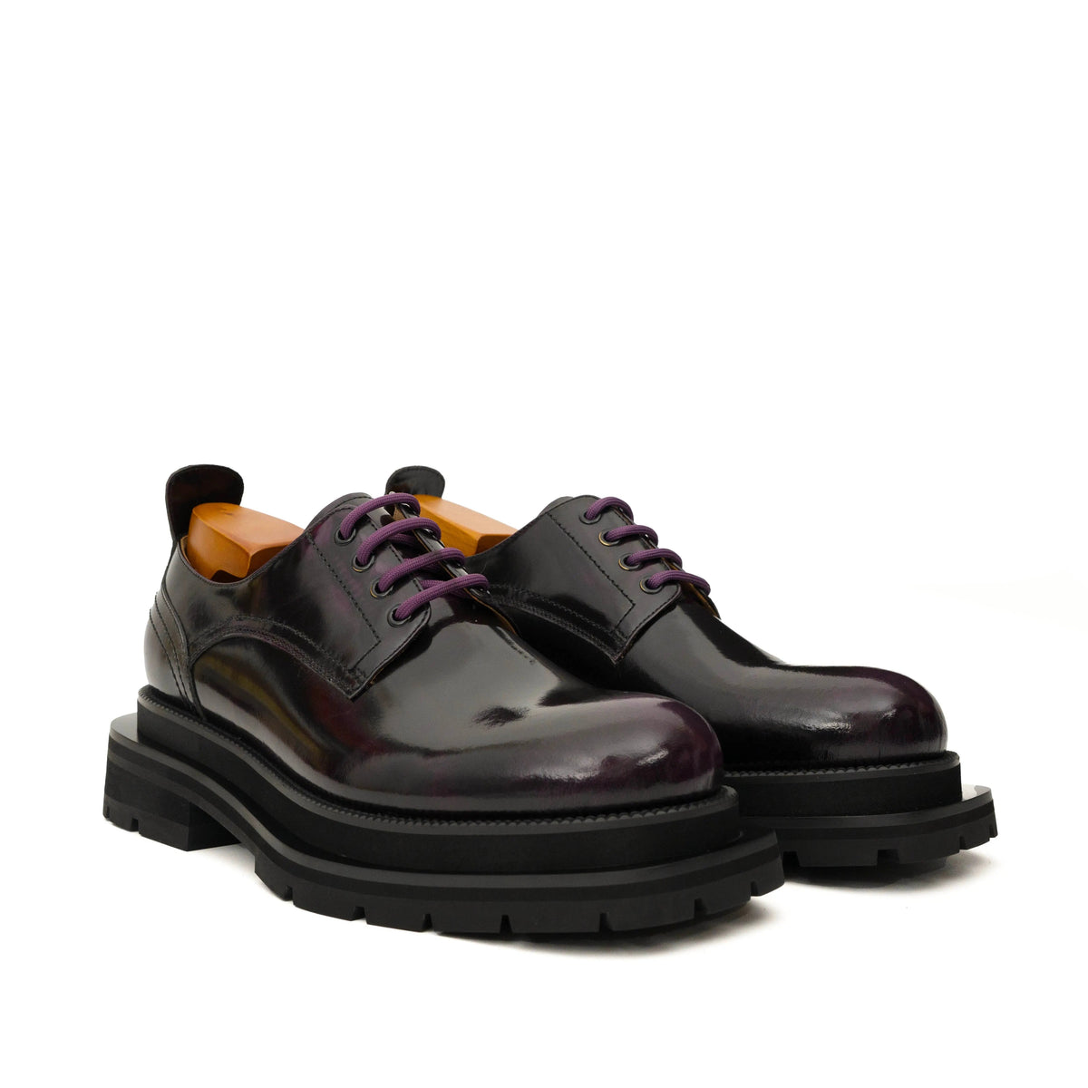 Purple Plain-Toe Calf Leather Derby Shoes