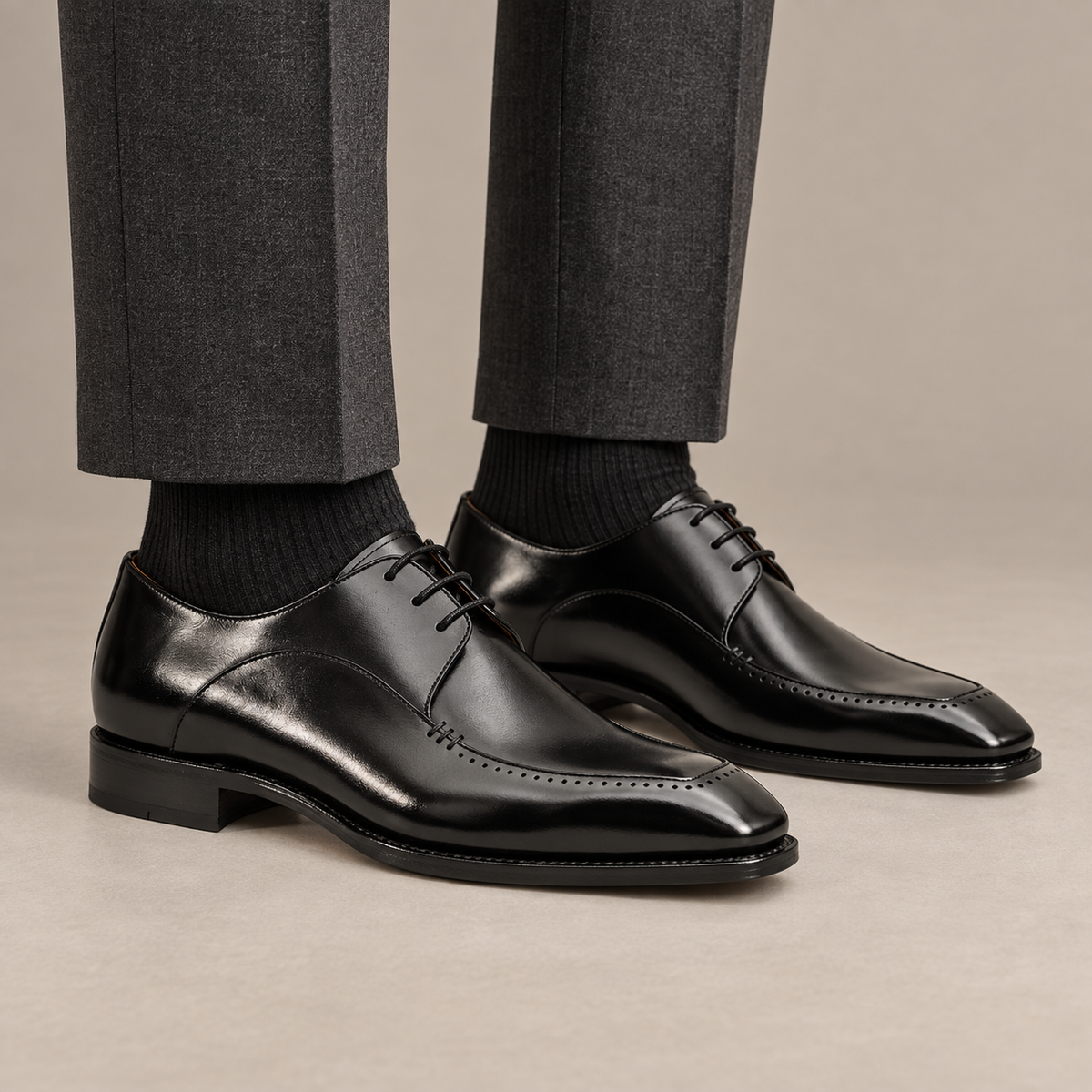 Black Square-Toe Calf Leather Derby Shoes