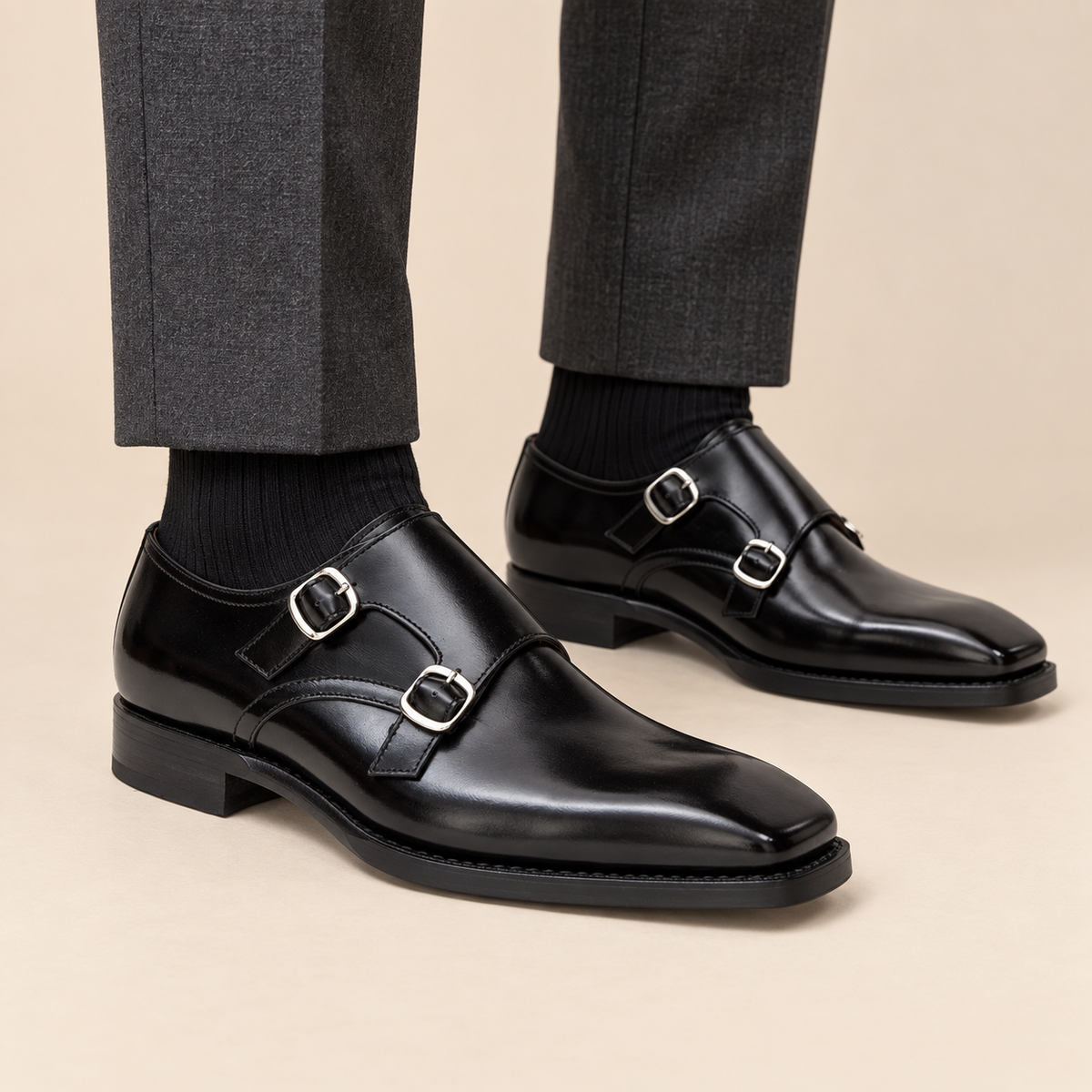 Black Square-Toe Cow Leather Monk Shoes