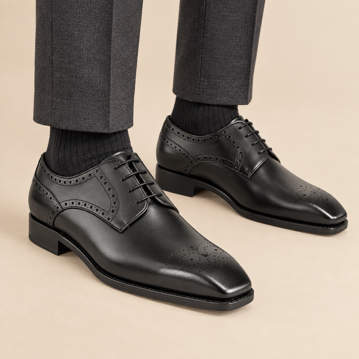 Black Square-Toe Cow Leather Oxford Shoes