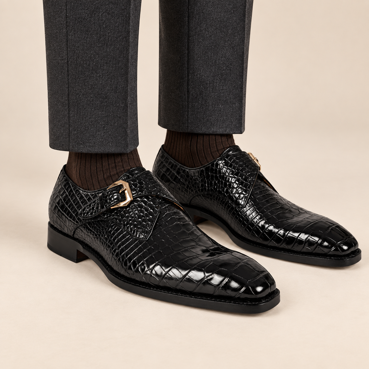 Black Square-Toe Crocodile Leather Monk Shoes