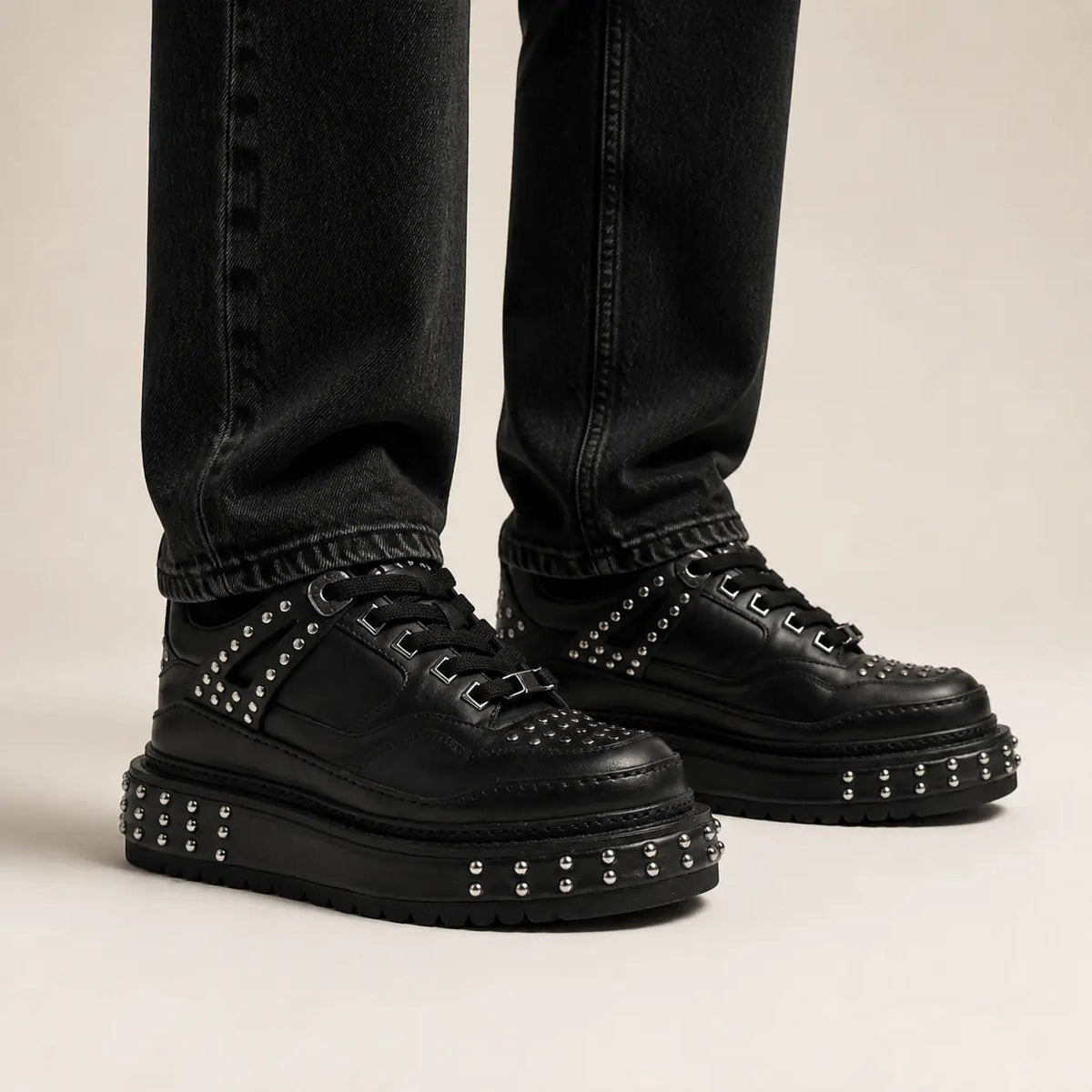 Black Studded Calf Leather Platform Sneakers