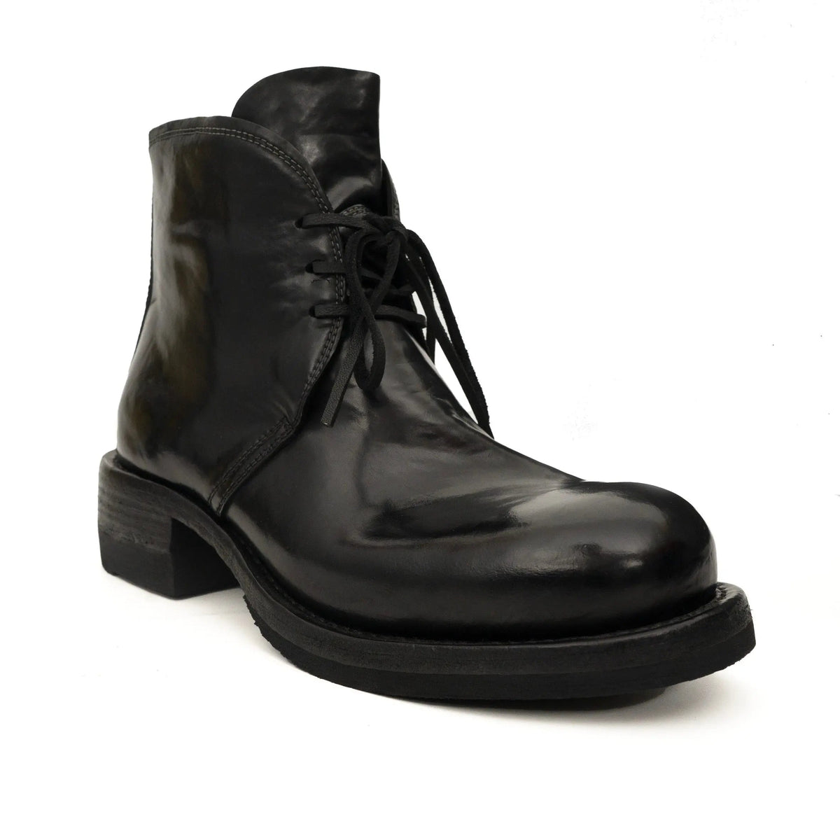 Black Plain-Toe Horse Butt Leather Ankle Boots