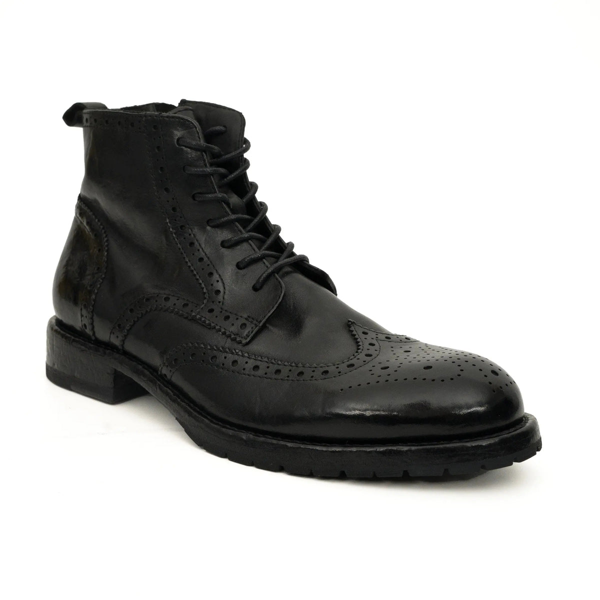 Black Wingtip Calf Leather Ankle Boots