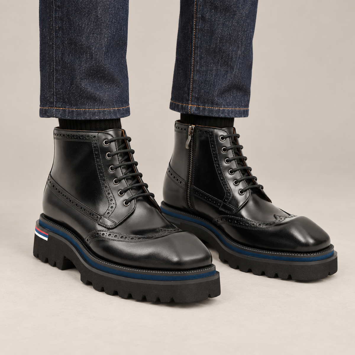 Black Wingtip Calf Leather Ankle Boots