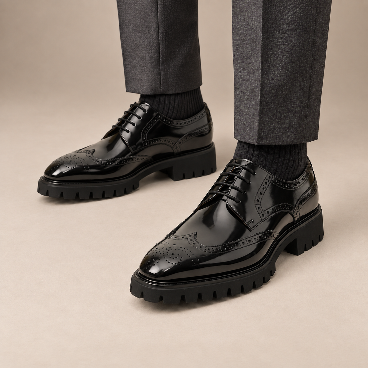 Black Wingtip Calf Leather Derby Shoes