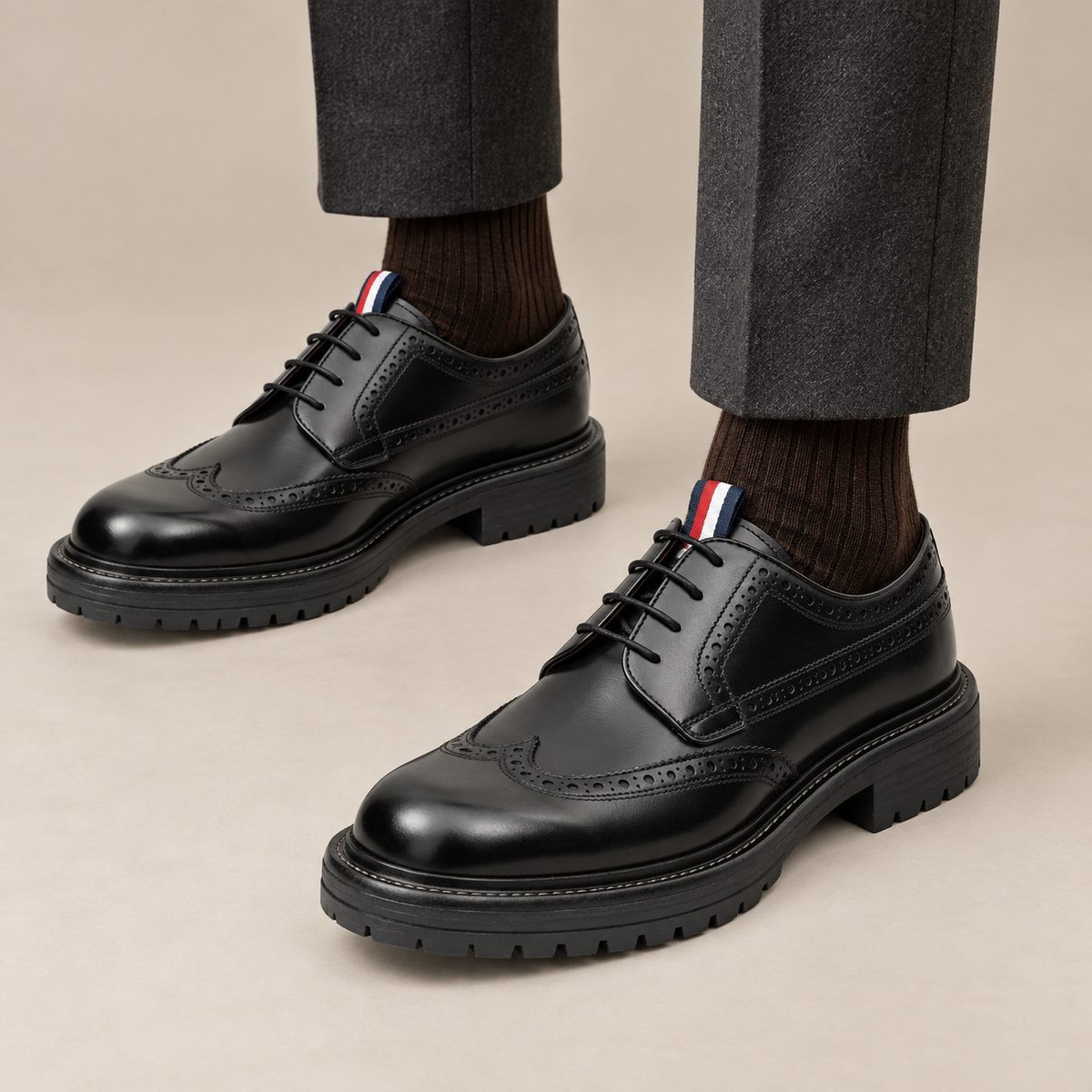 Black Wingtip Calf Leather Derby Shoes