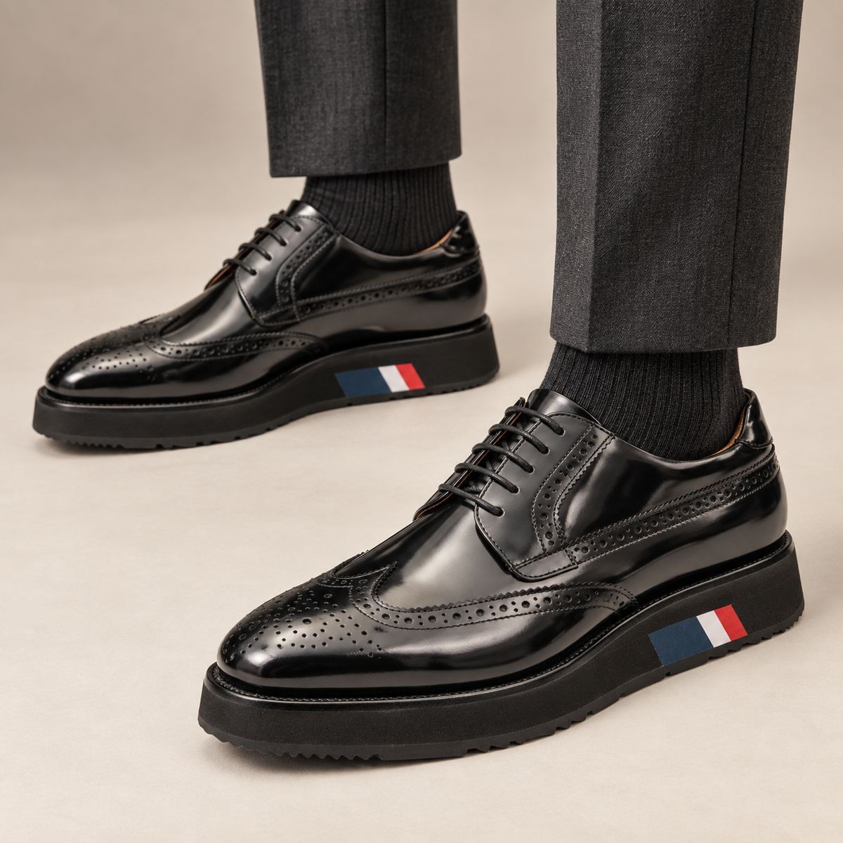 Black Wingtip Calf Leather Derby Shoes