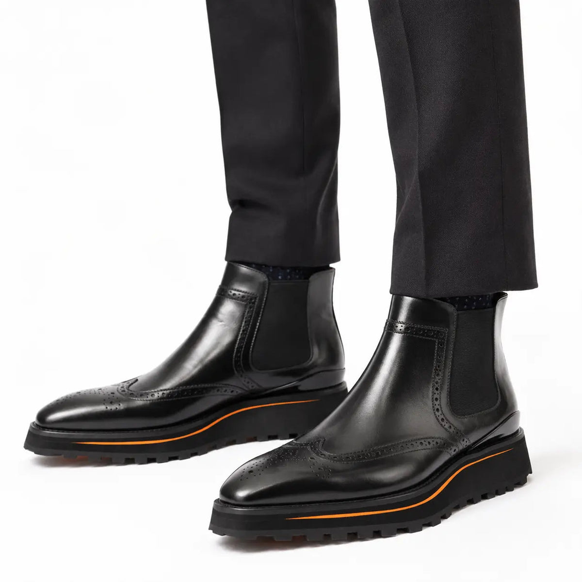 Black Wingtip Calf Leather Chelsea Boots