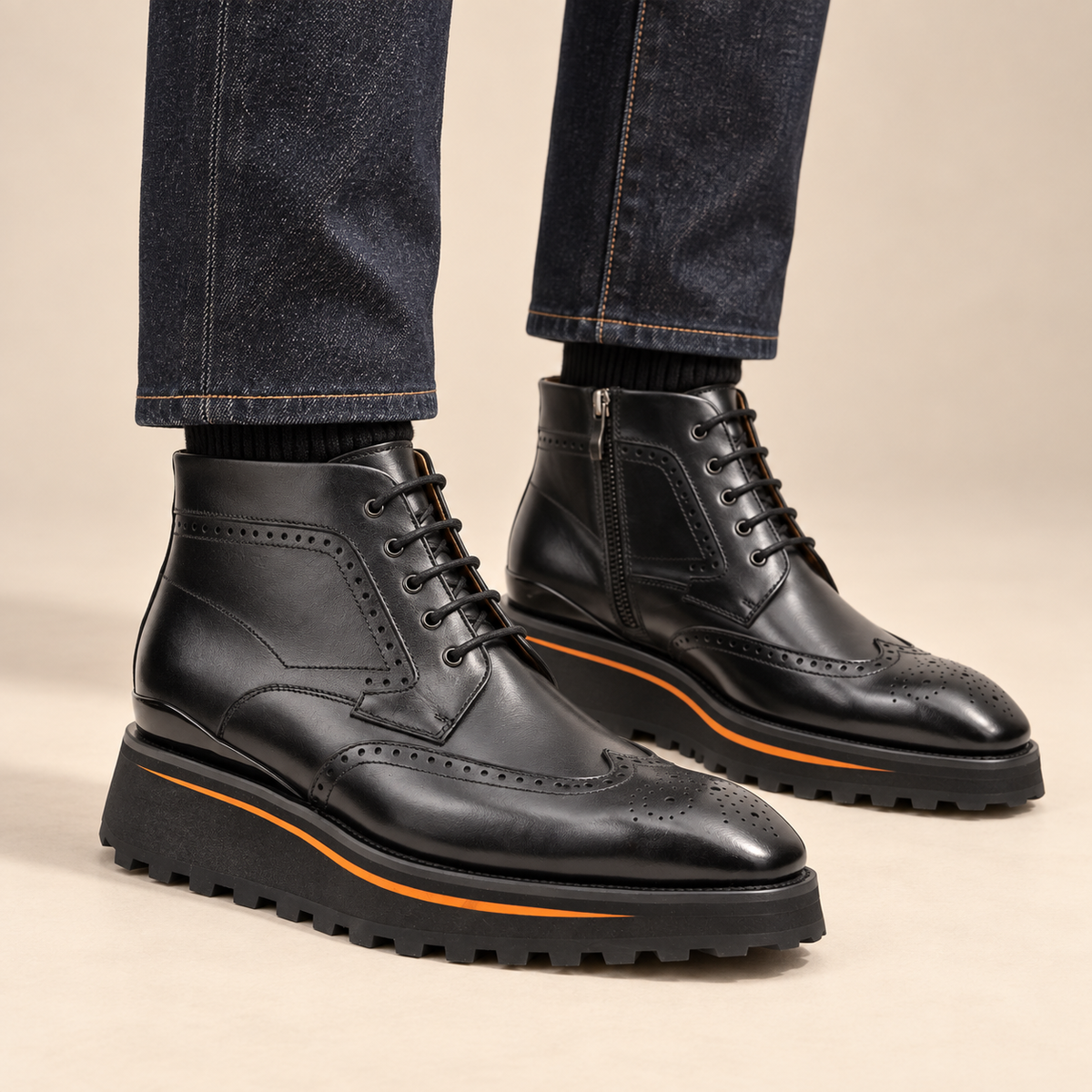 Black Wingtip Cow Leather Ankle Boots