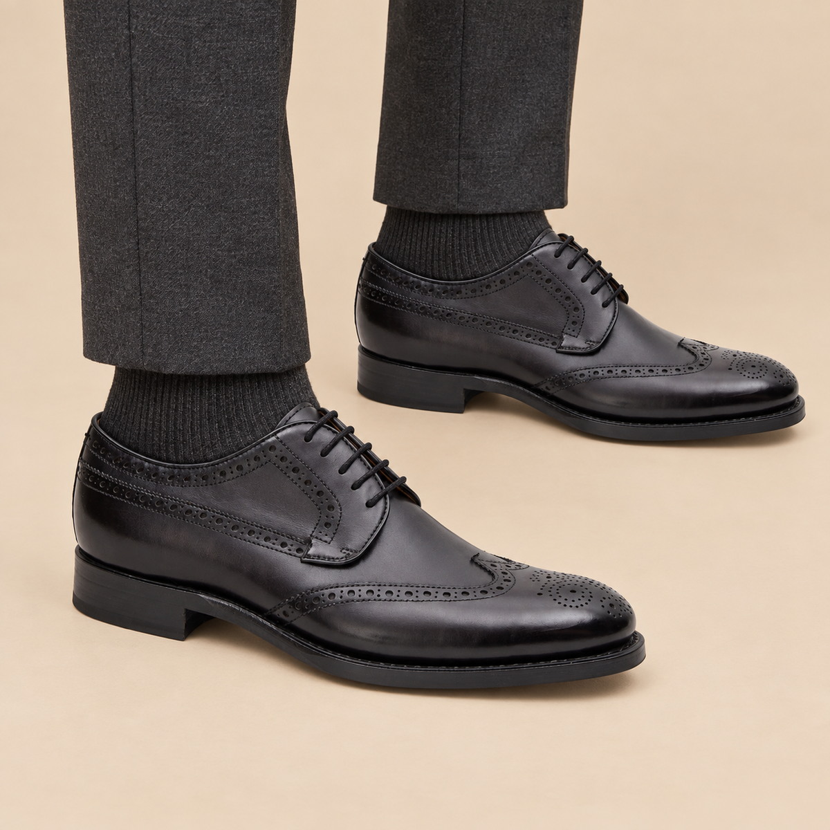 Black Wingtip Cow Leather Derby Shoes