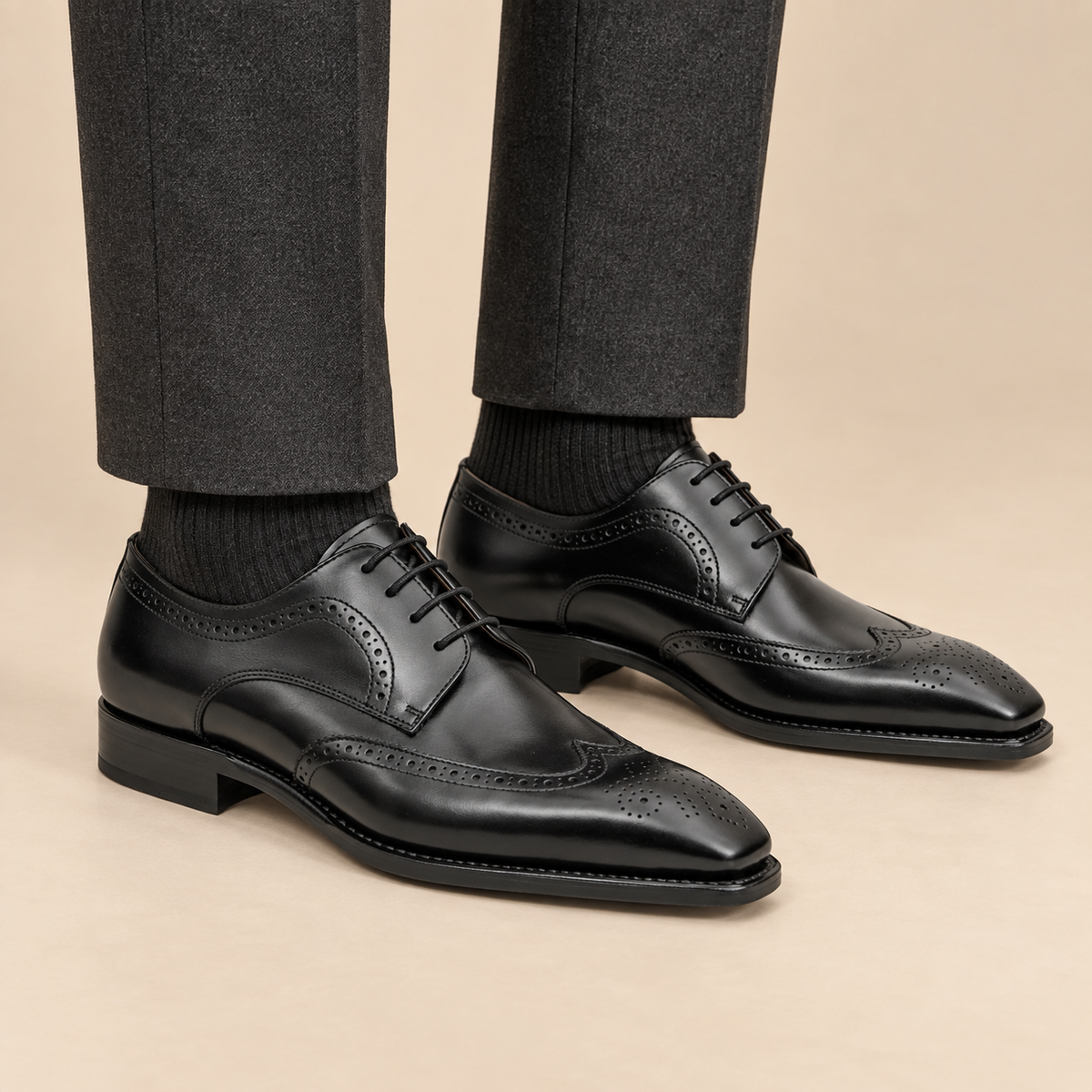 Black Wingtip Cow Leather Derby Shoes
