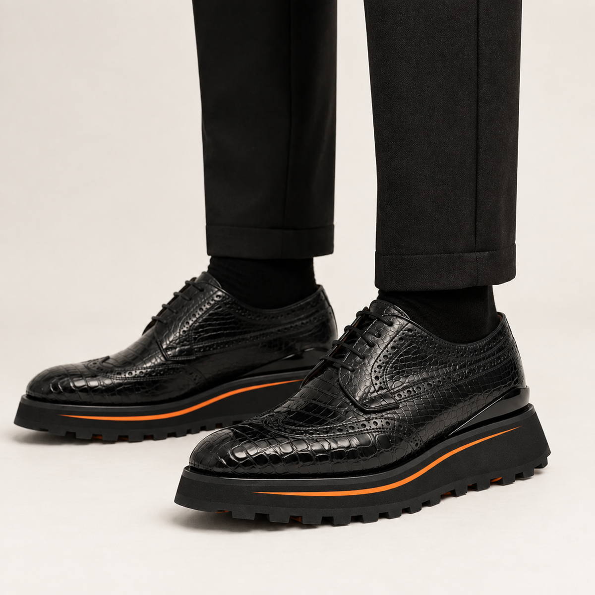 Black Wingtip Crocodile Leather Derby Shoes