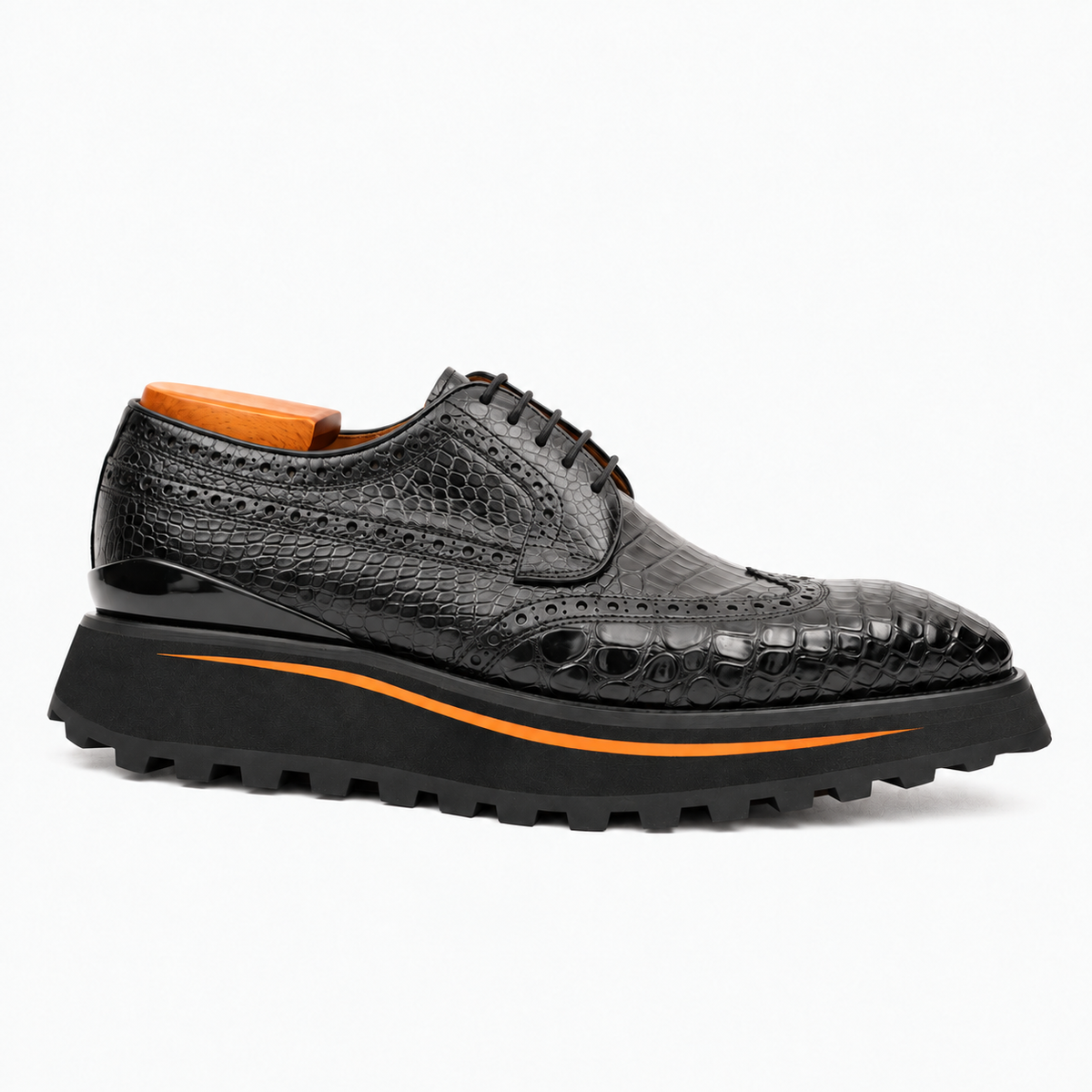 Black Wingtip Crocodile Leather Derby Shoes