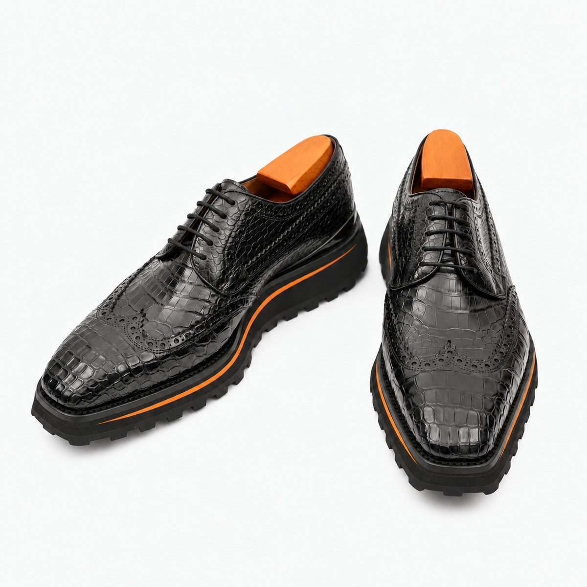 Black Wingtip Crocodile Leather Derby Shoes
