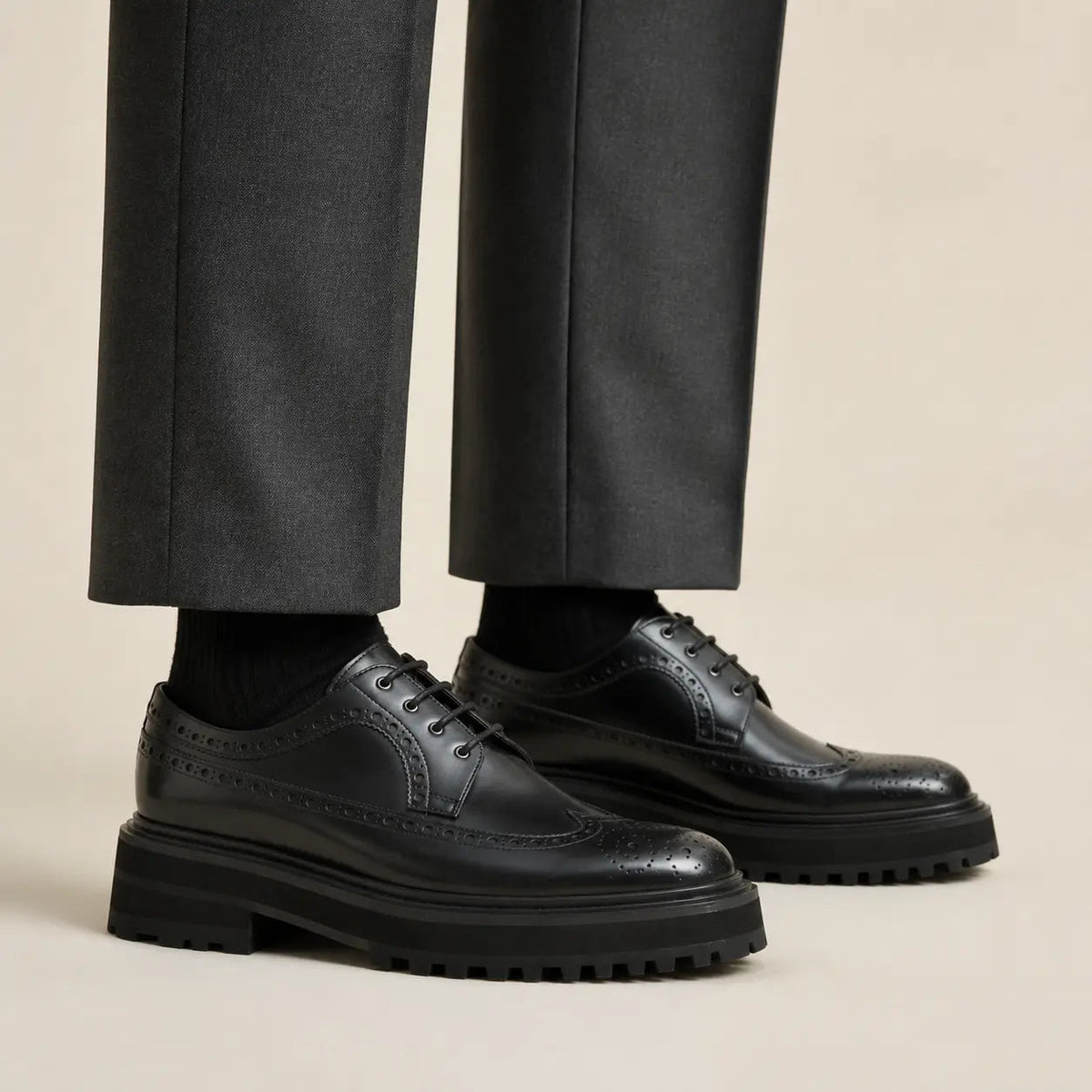 Black Wingtip Calf Leather Derby Shoes