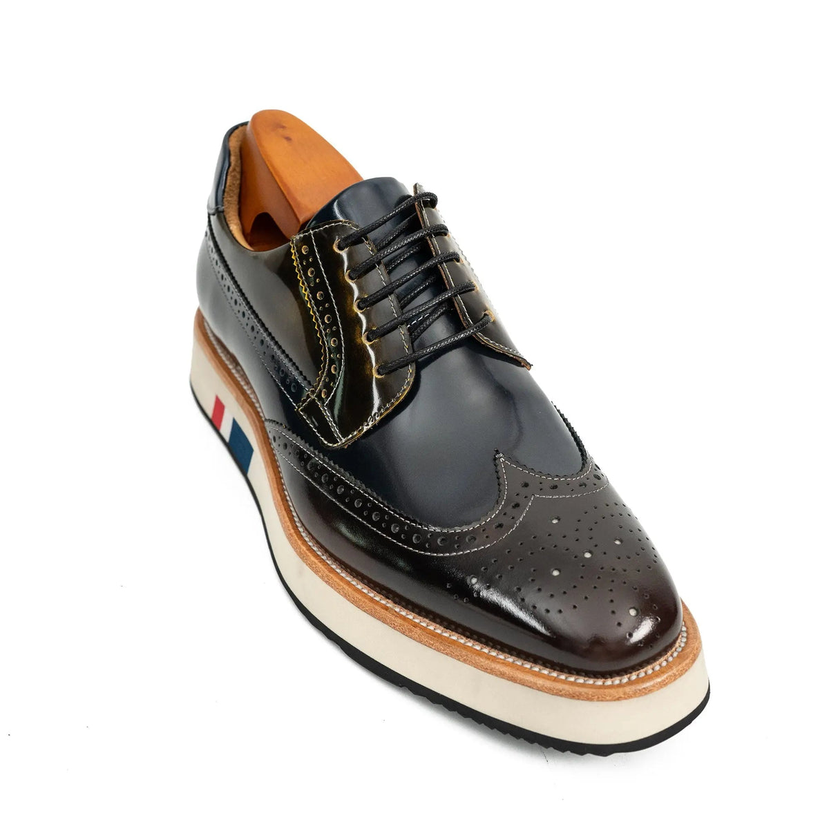 Brown and Black Wingtip Derby Shoes with Striped Sole