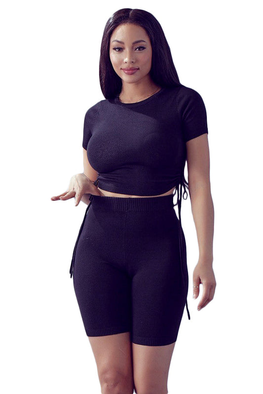Conjunto de 2 piezas de top y short de punto con detalles cut-out fruncidos - Negro