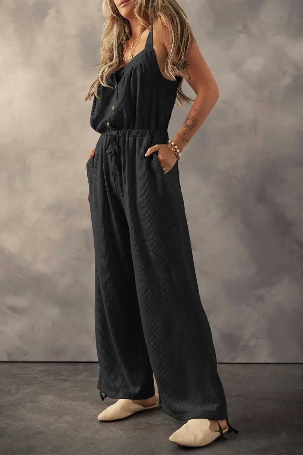 Love Salve Black Wide Leg Jumpsuit — Summer Drawstring Romper