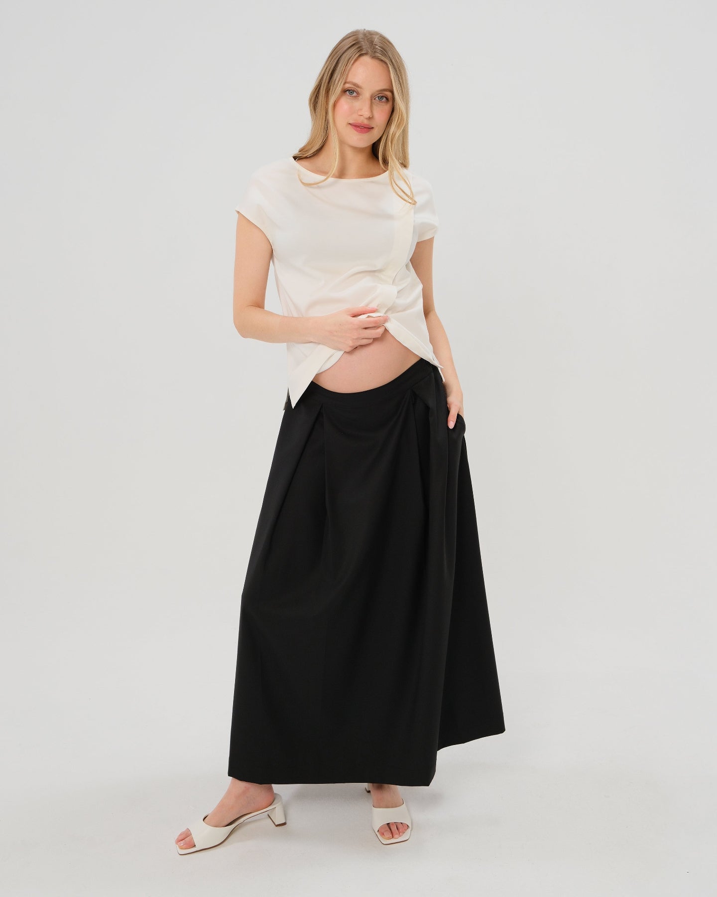 Pleated Black Maternity Maxi Skirt in All-Season Wool Blend | Over/Under Bump