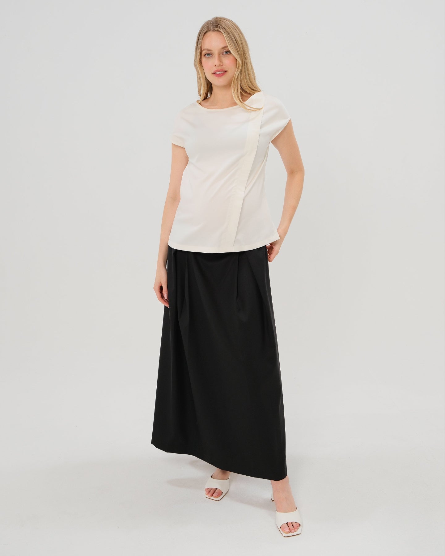 Pleated Black Maternity Maxi Skirt in All-Season Wool Blend | Over/Under Bump