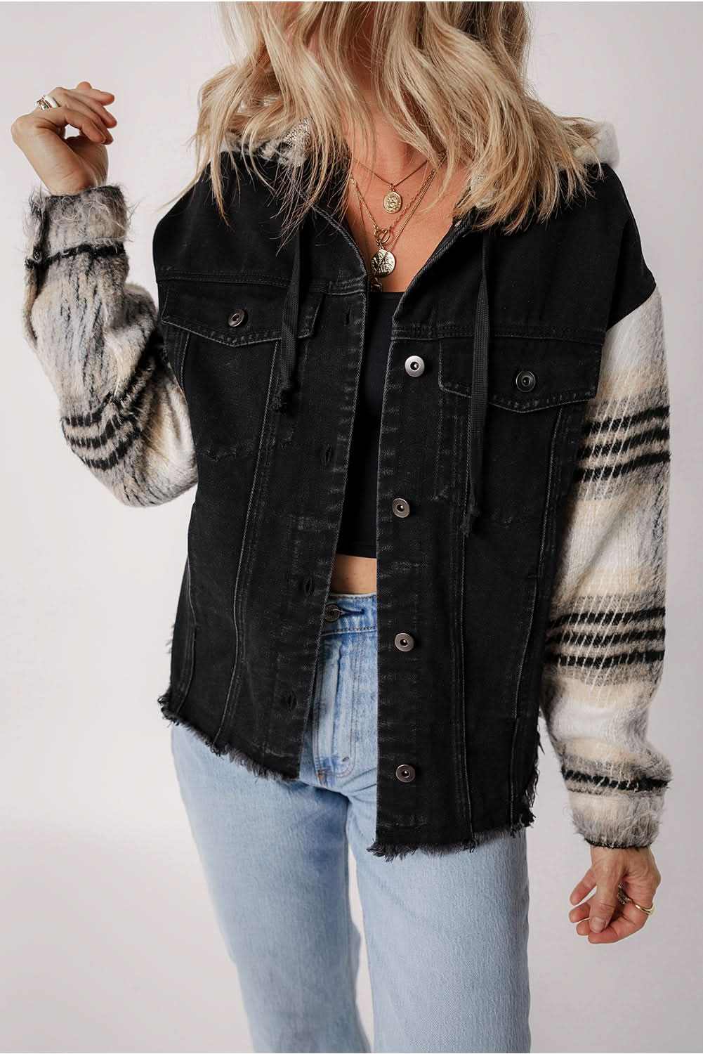 Jackets Love Salve Denim Jacket Women's Black Plaid Sleeve Casual Fall Style Frayed Hem