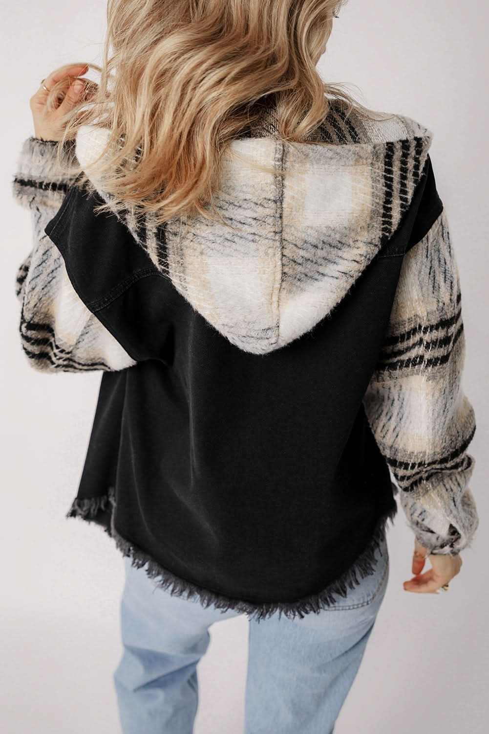 Jackets Love Salve Denim Jacket Women's Black Plaid Sleeve Casual Fall Style Frayed Hem