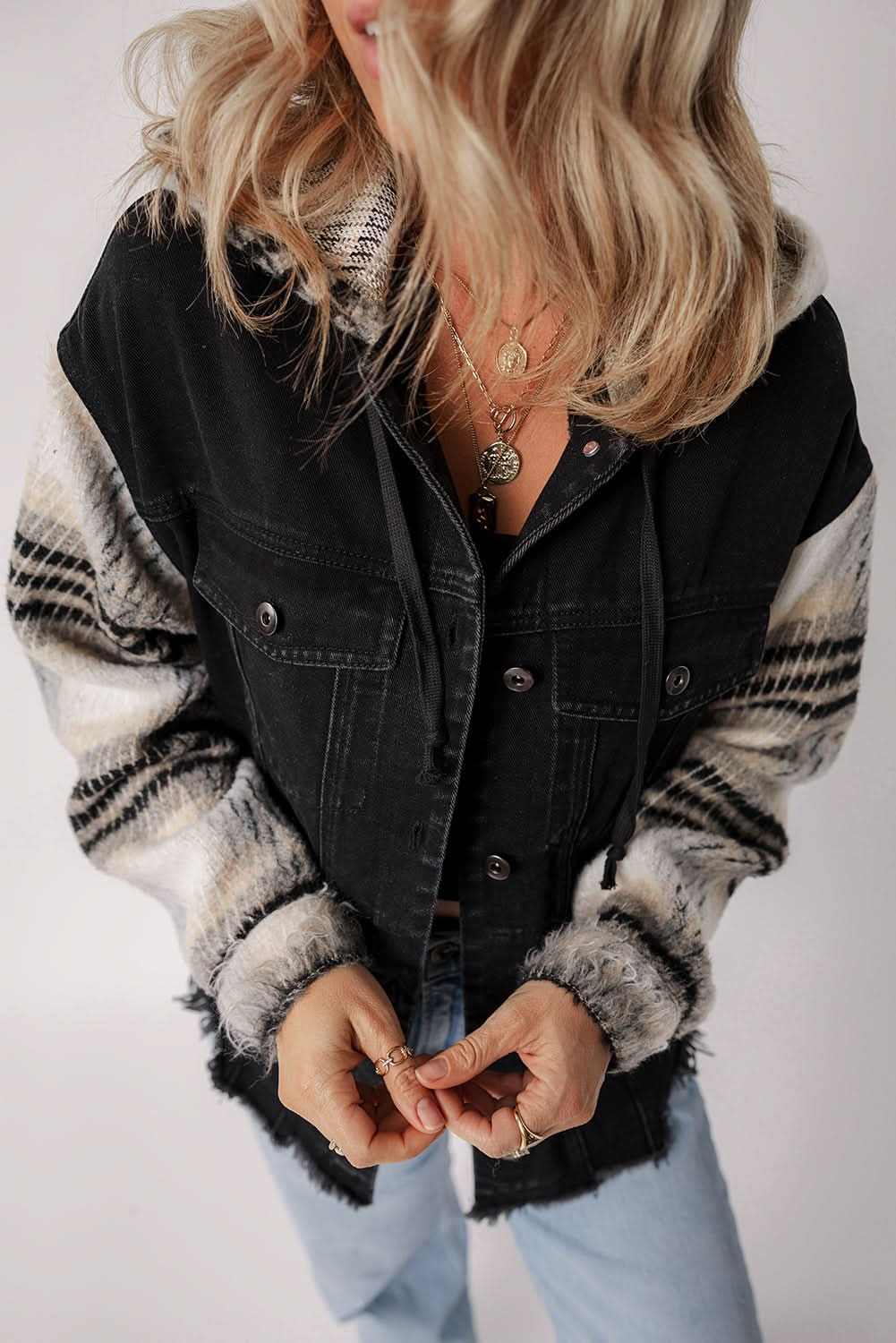Jackets Love Salve Denim Jacket Women's Black Plaid Sleeve Casual Fall Style Frayed Hem