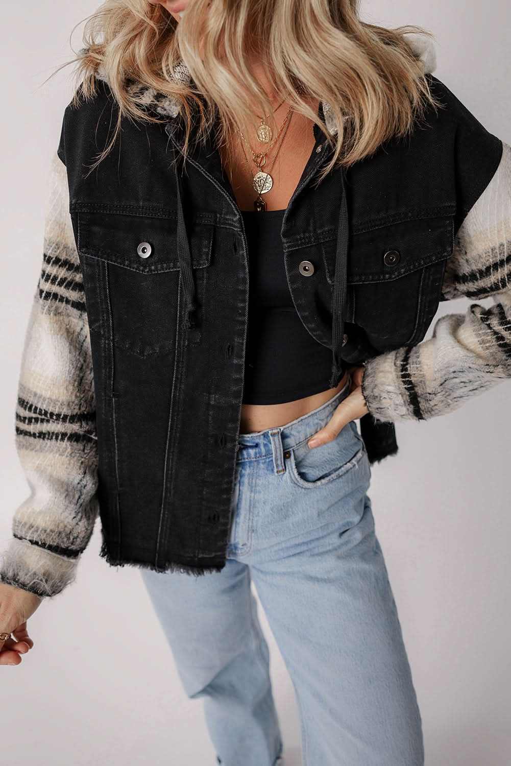 Jackets Love Salve Denim Jacket Women's Black Plaid Sleeve Casual Fall Style Frayed Hem