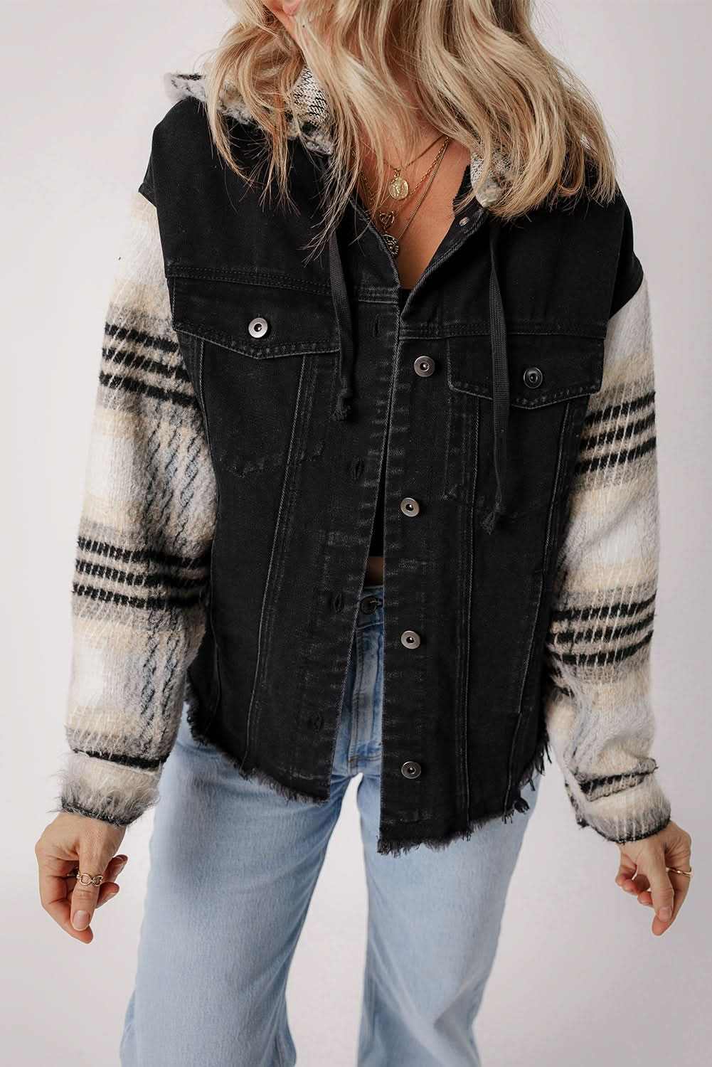 Jackets Love Salve Denim Jacket Women's Black Plaid Sleeve Casual Fall Style Frayed Hem