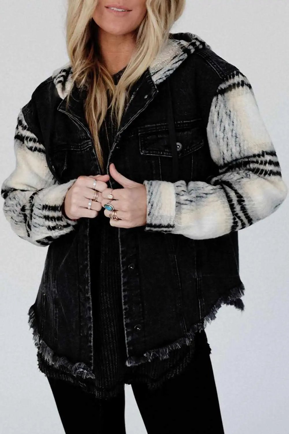 Jackets Love Salve Denim Jacket Women's Black Plaid Sleeve Casual Fall Style Frayed Hem