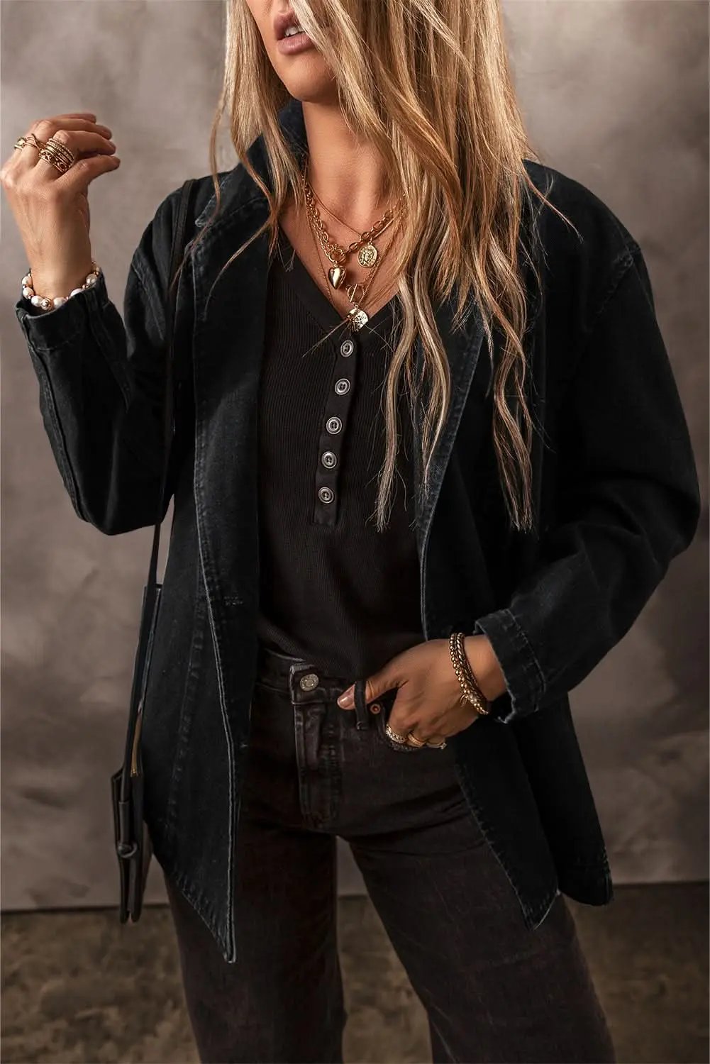 Jackets Love Salve Black Denim Jacket Women's Daily Casual Lapel Collar Side Pockets