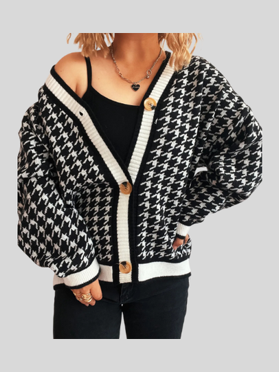 Cárdigan de punto con cuello en V y botones con estampado de pata de gallo para mujer