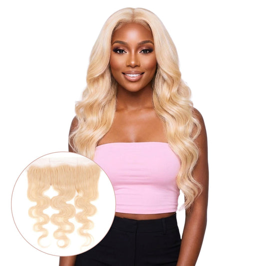 Frontal de cabello humano rubio con ondas corporales y encaje transparente de 13x4