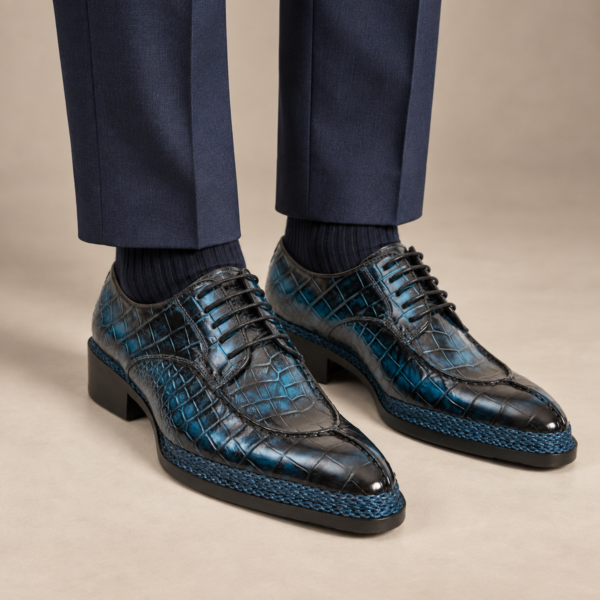 Blue Apron-Toe Crocodile Leather Derby Shoes