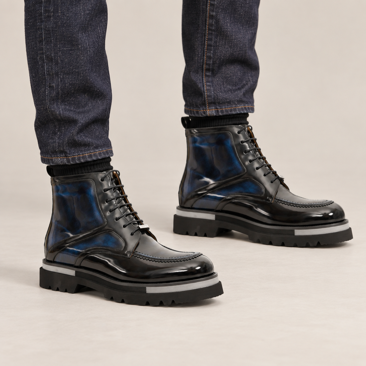 Blue-Black Apron-Toe Leather Lace-Up Boots