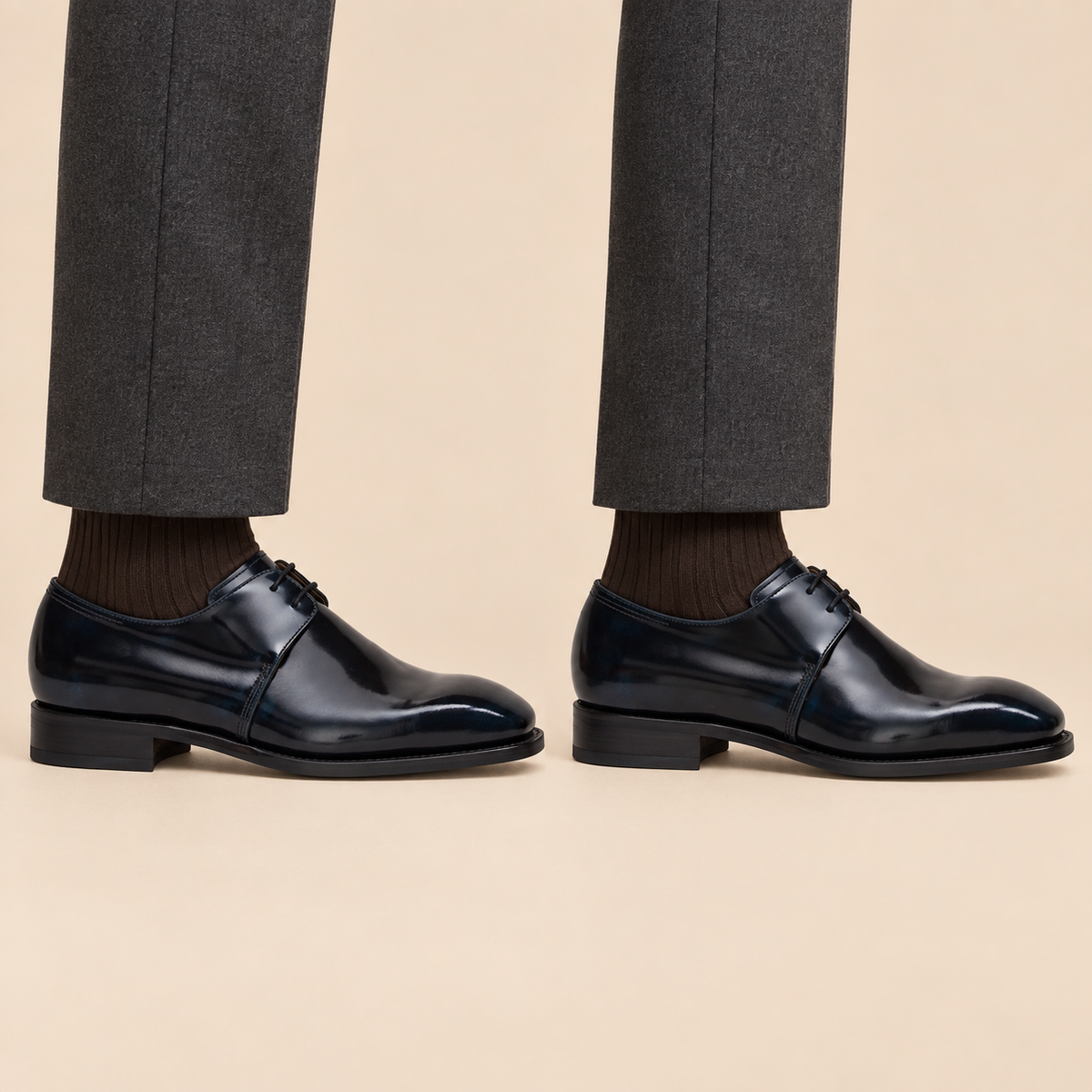 Blue-Black Plain-Toe Cow Leather Derby Shoes