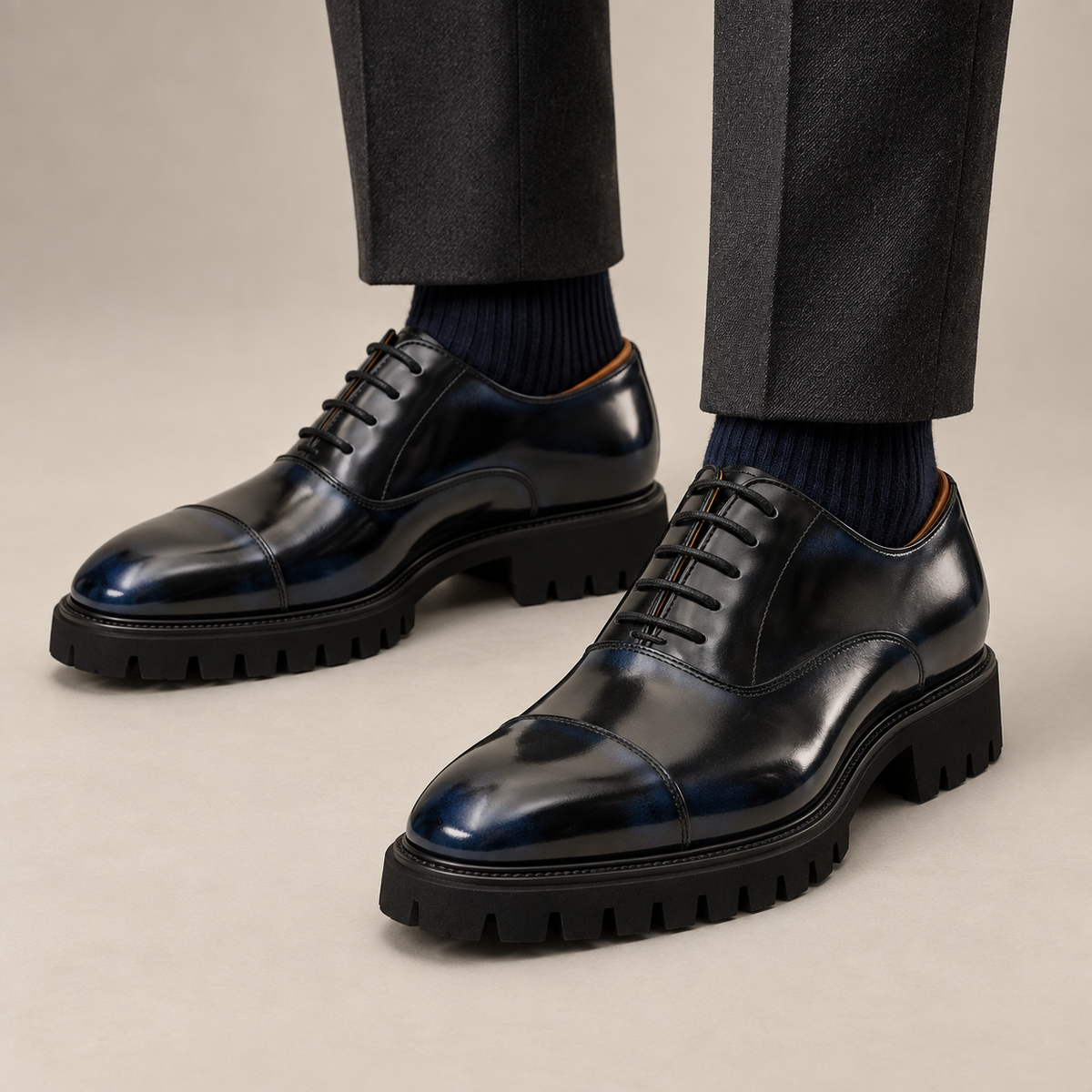 Blue Cap-Toe Calf Leather Oxford Shoes