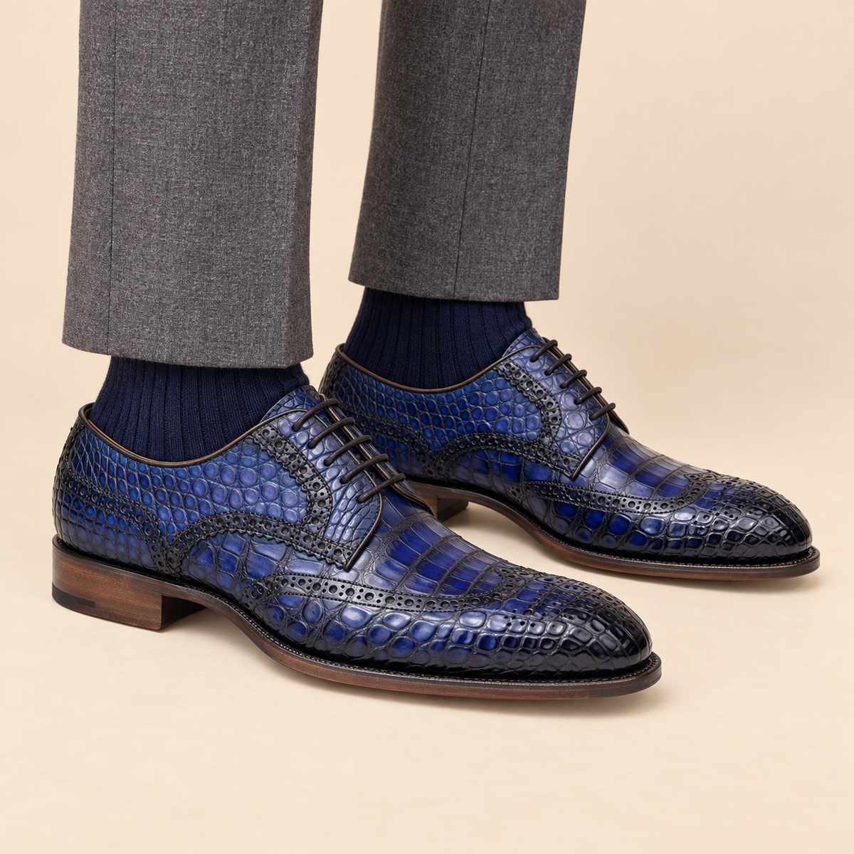 Blue Cap-Toe Crocodile Leather Derby Shoes