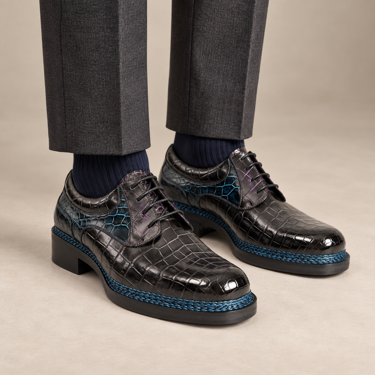 Blue Cap-Toe Crocodile Leather Derby Shoes
